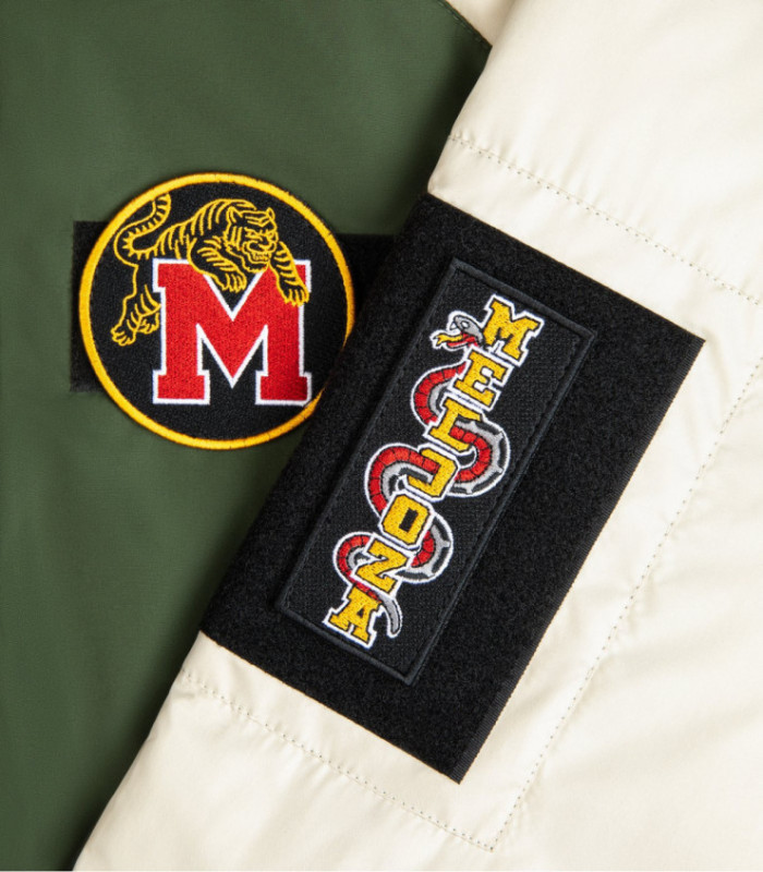 Бомбер MEDOOZA с патчами "Tiger College" (зелено-бежевый)